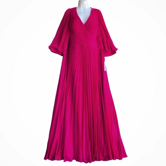 Rickie Freeman for Teri Jon V-Neck Puff Sleeve Pleated Chiffon Gown Pink Plus 22 - Picture 2 of 5